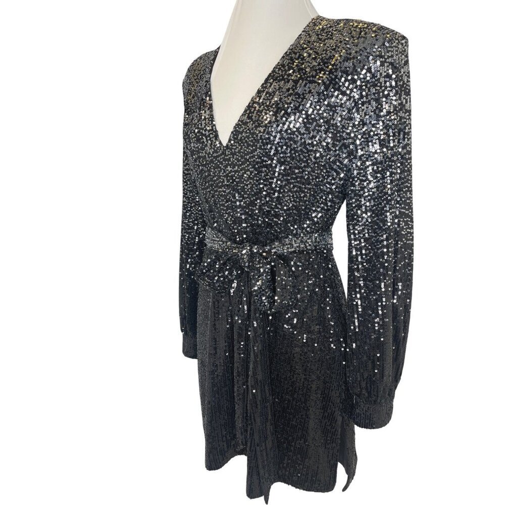 Badgley Mischka Women's Evening Dress Size 8 Sequins Belted Tunic Long Sleeve